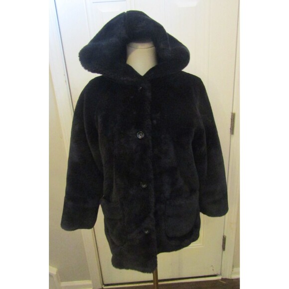 GAP Coat Black Faux Fur Jacket Hooded Vintage Front Pockets Lined Size S/M - Picture 3 of 7
